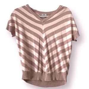 WORTHINGTON Pink Metallic Chevron Stripe Short Sleeved Sweater, Size PL.